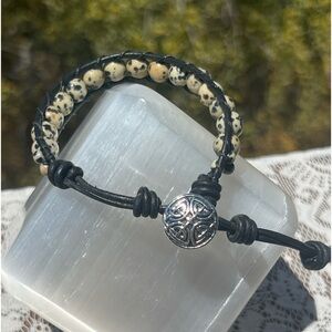 HM080 Dalmatian Jasper leather wrap bracelet adjustable